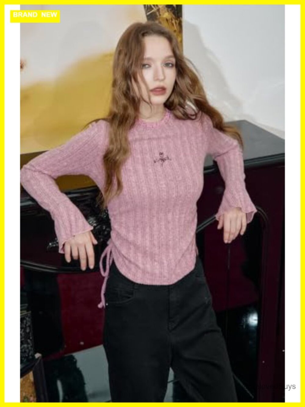 Womens Ribbed Knit Mock Neck Long Sleeve Ruched Drawstring Top - Picture 3 of 6
